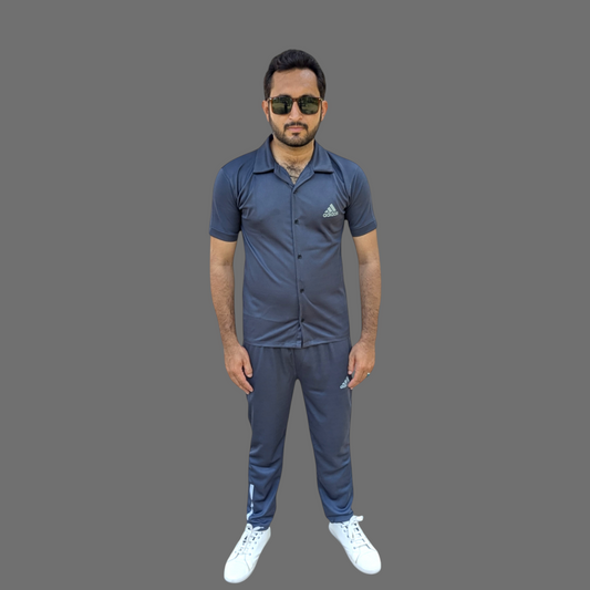 Dark grey Men’s Safari Style dri fit Tracksuit – Button-Up Shirt & Trouser Set